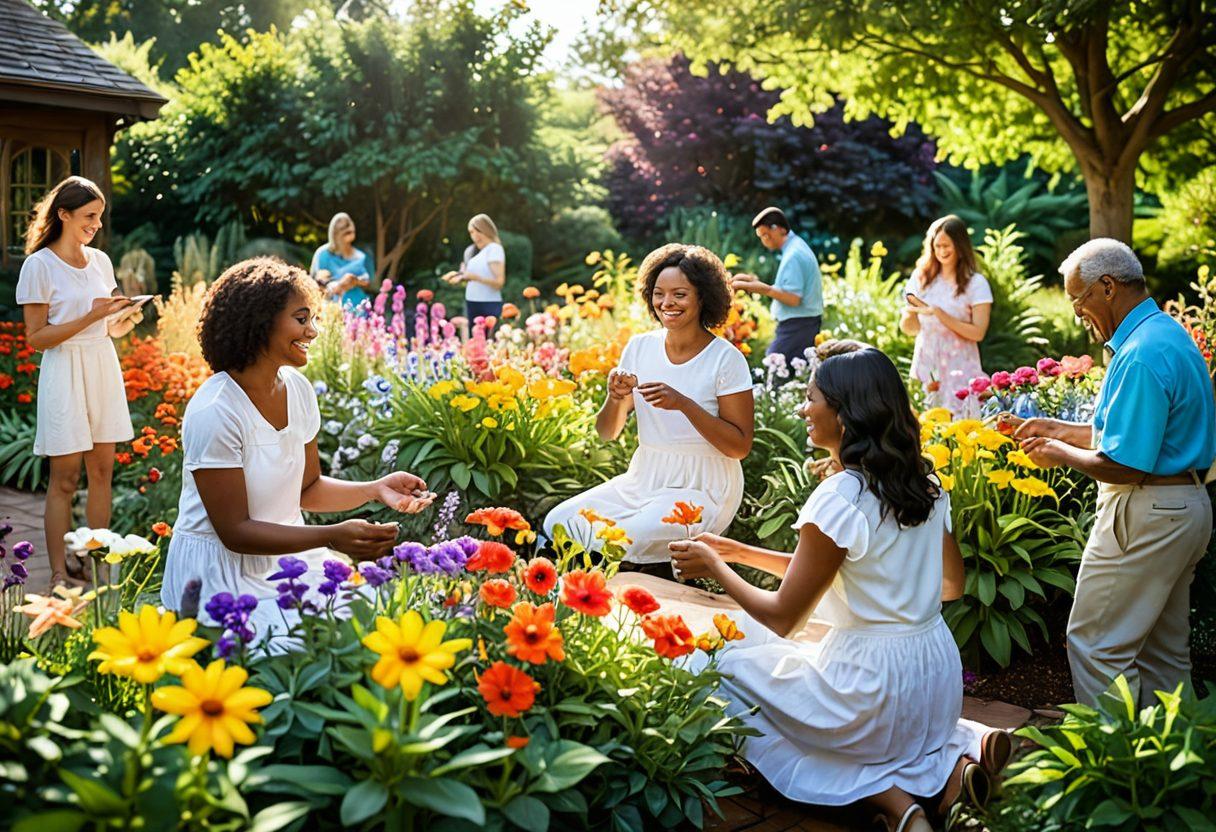 A vibrant, sunlit garden filled with a variety of colorful flowers and lush greenery, where people of diverse backgrounds are engaged in joyful activities like painting, dancing, and sharing laughter. The scene conveys a sense of community and celebration of life. Soft, warm light filters through the leaves, creating a whimsical atmosphere of happiness and exuberance. super-realistic. vibrant colors. soft focus.
