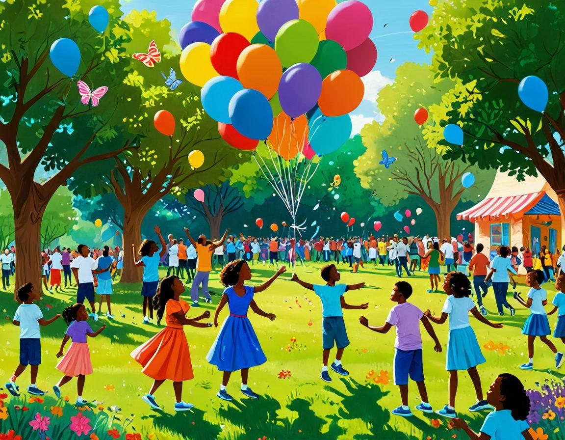 A bright, whimsical scene depicting a group of diverse people engaged in joyful activities like dancing, painting, and playing games in a colorful park. There are balloons, butterflies, and laughter radiating from the scene, evoking a sense of freedom and playfulness. The overall atmosphere is cheerful and vibrant, inviting viewers to embrace their playful spirit. cartoon style. vibrant colors. soft edges.