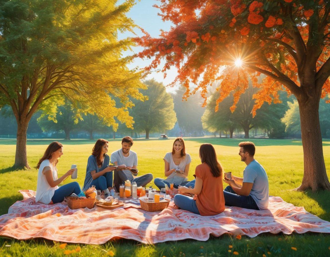 A serene morning scene with a diverse group of people enjoying simple pleasures, like sharing coffee in a sunlit park, laughing with friends, and playing with pets. Incorporate vibrant flowers and a blue sky to symbolize joy and positivity. Include a soft gradient to enhance the warm atmosphere. super-realistic. vibrant colors.
